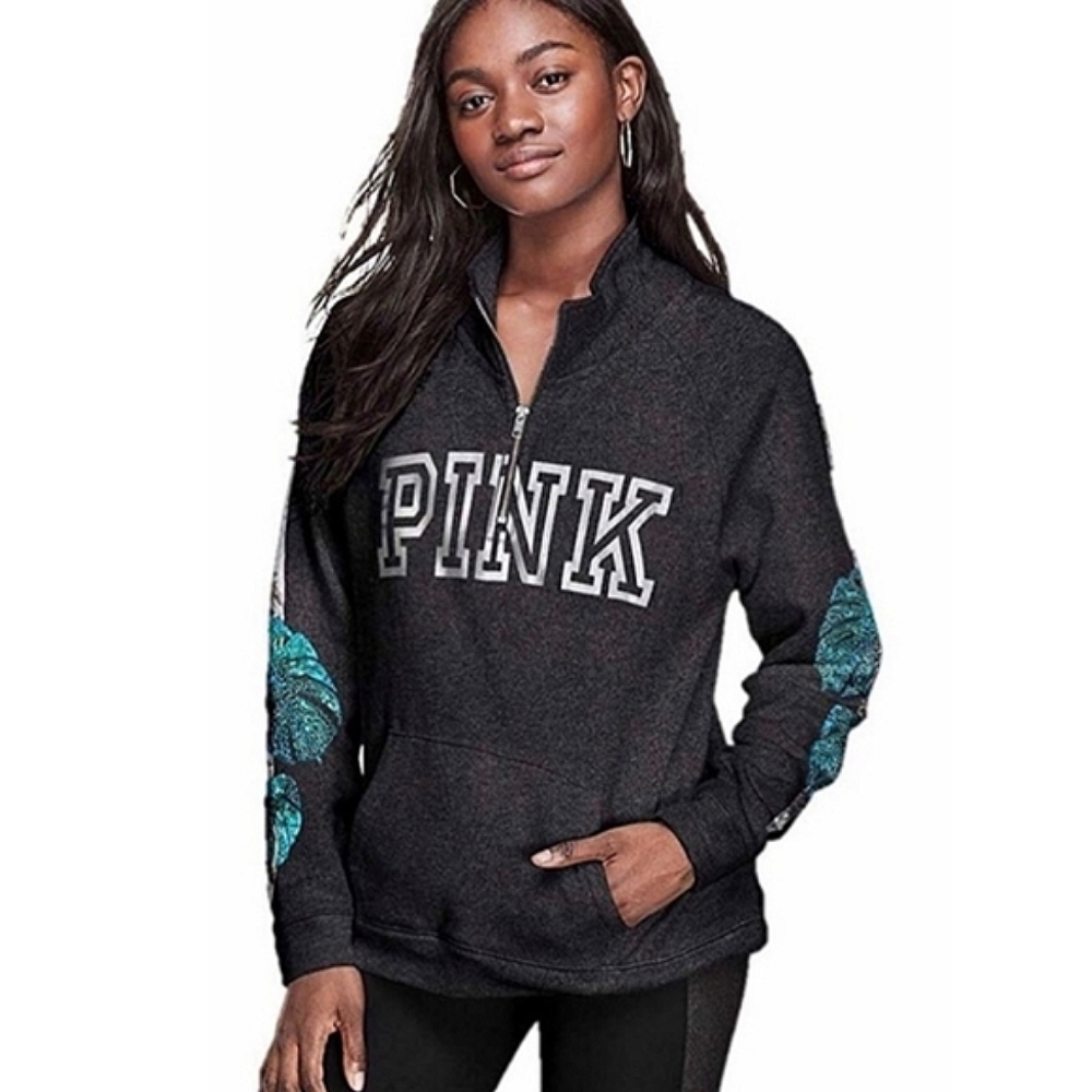 Victoria's Secret Pink Bling Palm Leaf  Kangaroo Pocket Pullover Sweatshirt